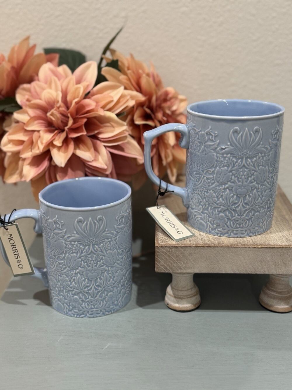 Morris & Co Strawberry Thief Embossed Periwinkle Blue Mugs Set of 2
